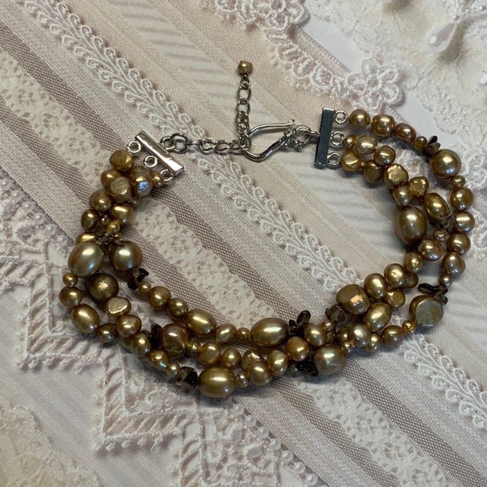 Freshwater Pearl and Smokey Brown Topaz Multi Strand Bracelet Perfect Layering